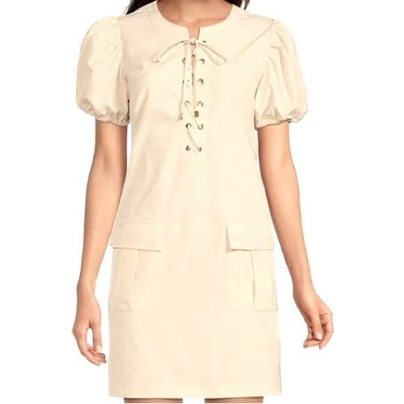 L D T Dresses & Skirts - L T D Lace Up Front Slight Puff Short Sleeves Mini Dress. Cream (Stone)  Sz 8